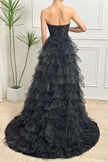 Sparkly Black A-Line Corset Tiered Tulle Long Prom Dress With Slit